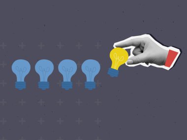 Siyah ve beyaz el, arka arkaya parlayan bir ampul koyar. Modern kolaj tarzı. Vektör illüstrasyonu