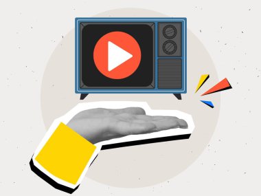 Siyah ve beyaz el ekranda çalma düğmesi olan bir retro TV tutuyor. Modern kolaj tarzı. Vektör illüstrasyonu