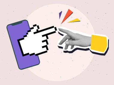 Pikselin eli telefon ekranından insan eline uzanır. Modern fotoğraf kolajı tarzı. Vektör illüstrasyonu