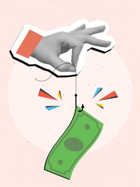 Balık oltasında yeşil dolar banknotuyla el ele tutuşan halat. Sahtekarlık kavramı. Modern fotoğraf kolajı tarzı. Vektör illüstrasyonu