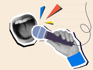 Mikrofonla ağzını aç. Modern kolaj tarzı. Vektör illüstrasyonu