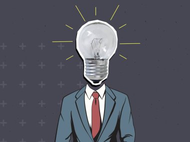 İş elbisesi giymiş bir adamın kafasının olması gereken yerde parlayan bir ampul. Fikir konsepti. Modern fotoğraf kolajı tarzı. Vektör illüstrasyonu