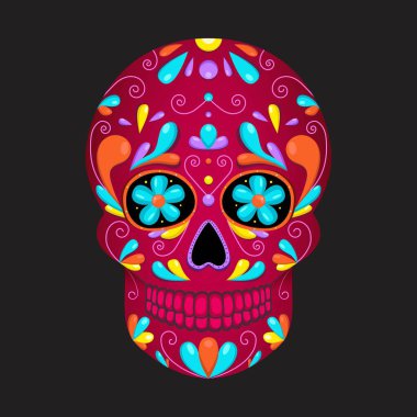 Şeker kafa. Ölüler Günü için süslü kırmızı kafatası. Vektör illüstrasyonu koyu arkaplanda izole edildi