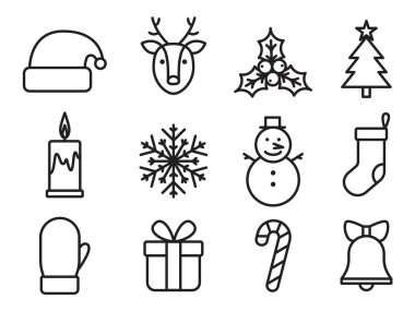 Noel ikonu koleksiyonu - Noel Baba 'nın şapkası, geyiği, ökse otu dalı, Noel ağacı, mum, kar tanesi, kardan adam, çorap, eldiven, hediye, şeker kamışı, zil. Vektör illüstrasyonu beyaz arkaplanda izole edildi