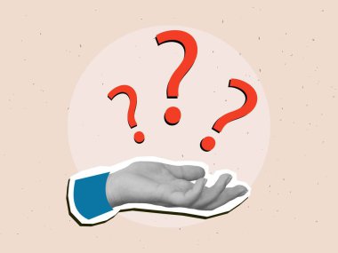 Siyah ve beyaz el birkaç kırmızı soru işareti tutuyor. Modern kolaj tarzı. Vektör illüstrasyonu