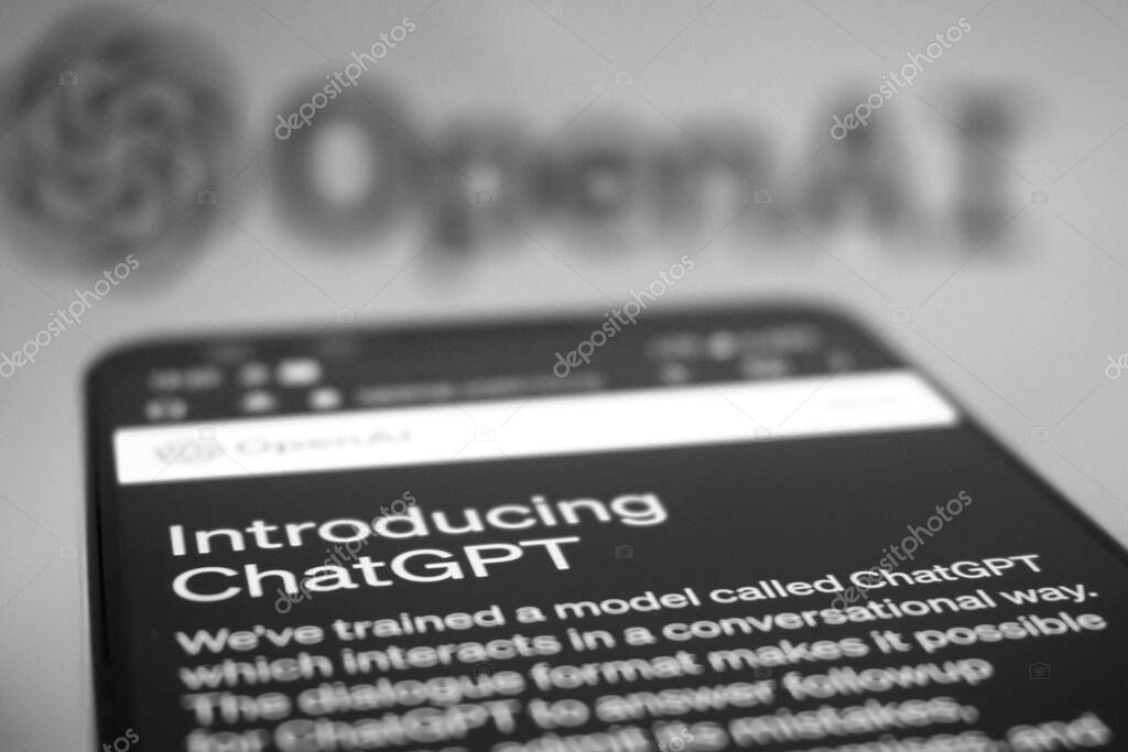 Ternopil, Ukraine - 05-20-2023: black and white soft focus photo, Mobile phone with website of US artificial intelligence company OpenAI