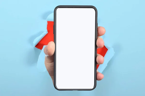 Beyaz Ekranlı Erkek Eli Telefon — Stok fotoğraf