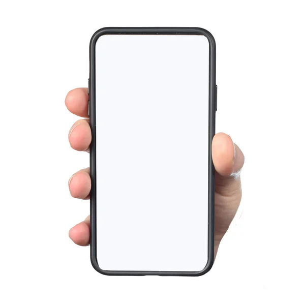 白い画面の男の手の携帯電話 — ストック写真