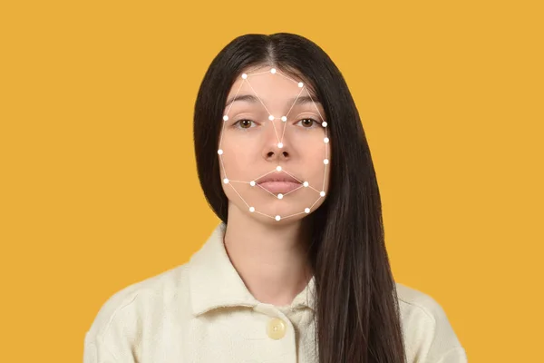 portrait of pretty woman and face recognition system
