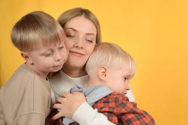 stock image happy mother hugs her little sons
