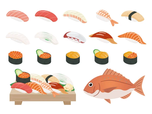 Ilustrasi Dari Berbagai Macam Piring Sushi - Stok Vektor