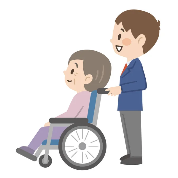 Tekerlekli Sandalye Süren Genç Bir Bakıcı Tasviri — Stok Vektör