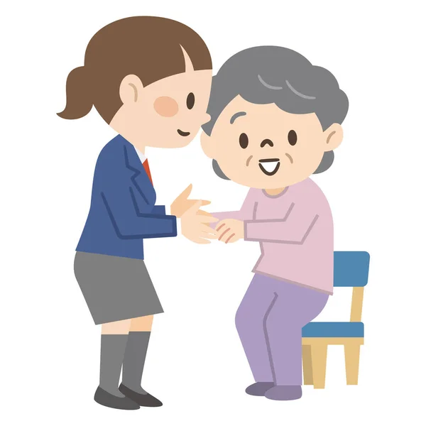Illustration Young Carer Helping Grandmother — Stock Vector
