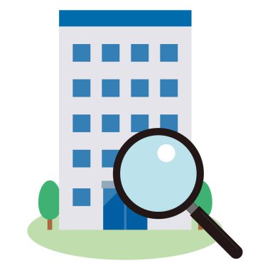 Simple vector illustration of a building and a magnifying glass