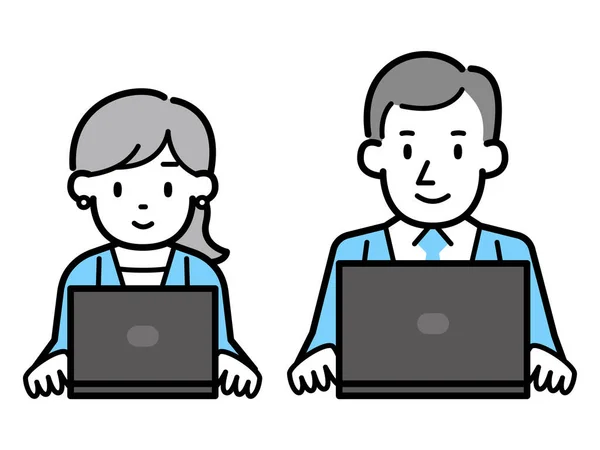 操作个人计算机的商人 男人和女人的矢量图 — 图库矢量图片