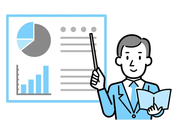 Ilustracja Wektorowa Przedsiębiorcy Wyjaśniającego Przy Użyciu Analizy Wykresów — Wektor stockowy