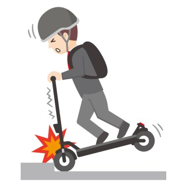 Elektrikli scooter kullanırken basamağa takılan bir adamın vektör çizimi