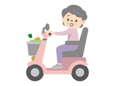 Elektrikli arabaya binen yaşlı bir kadının vektör çizimi