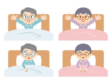 Yatakta sağlıklı bir son sınıf öğrencisi ve yatalak bir son sınıf öğrencisinin vektör çizimi