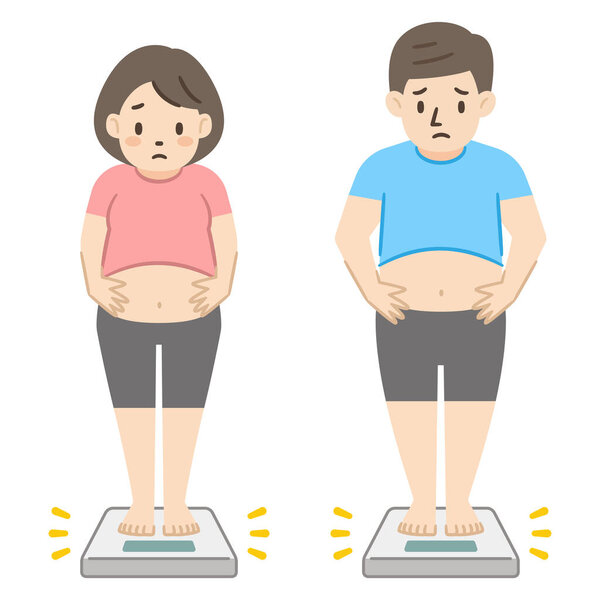 Векторная иллюстрация ожирения мужчины и женщины, стоящих на весах