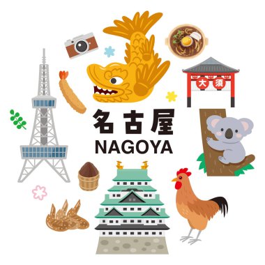 Nagoya şehri gezisi basit vektör illüstrasyon seti. Japonca karakter çevirisi: 