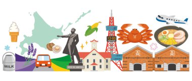 Hokkaido turizmi basit vektör illüstrasyon seti
