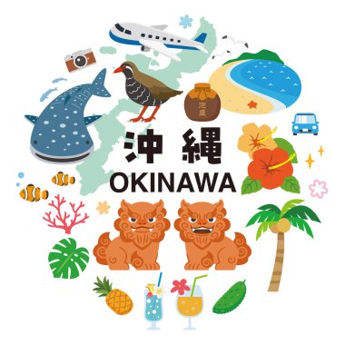 Okinawa ilçe turizmi basit vektör illüstrasyon seti