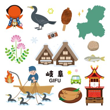 Japonya 'daki Gifu bölgesinin basit bir illüstrasyon seti. 