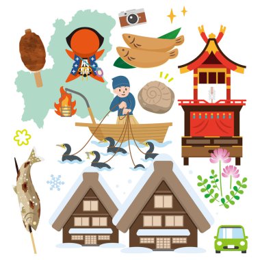 Japonya 'daki Gifu bölgesinin basit bir illüstrasyon seti. 