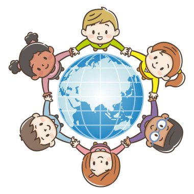 Dünyayı çevreleyen farklı ırktan çocukların tasviri, basit vektör illüstrasyonu