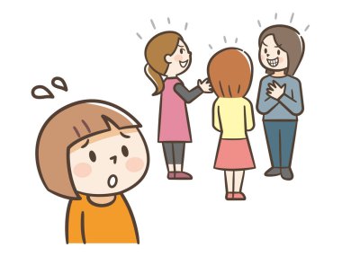 Bir kızın zorbalığa uğradığı ve grubundan dışlandığı tasviri, basit bir vektör çizimi.