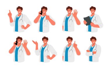 Doctor character set.Young male doctor speaking on phone,showing,pointing,giving hint and saying hello.Portrait of friendly medic with stethoscope in diverse poses.Vector cartoon illustration