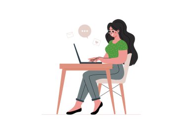 Genç kadın masasında oturuyor ve çalışıyor, evden bilgisayarda çalışıyor veya serbest çalışıyor. Düz çizgi film vektör illüstrasyonları beyaz arka planda kopya alanı ile izole edilmiş..