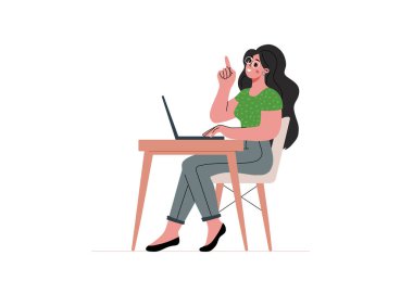 Young woman sits at desk with laptop and find solution.Work,study and freelance from home.Flat cartoon vector illustration isolated on white background with copy space.