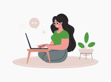 Young woman work,studying or freelance on laptop from home.Flat cartoon vector illustration isolated on white background with copy space.