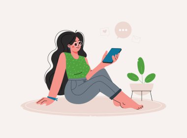 Young woman sitting on floor,holding mobile phone and reads messages.Vector flat illustration isolated on white background with copyspace