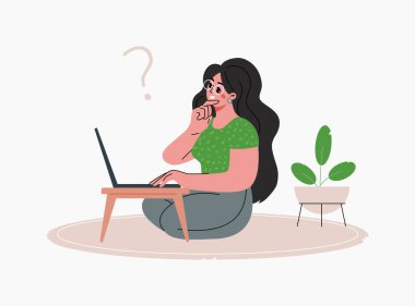 Genç kadın masasında oturuyor ve çalışıyor, evden bilgisayarla çalışıyor ya da serbest çalışıyor. Kız düşünüyor. Düz çizgi film çizimi, beyaz arka planda izole edilmiş, kopyalama alanı ile izole edilmiş.