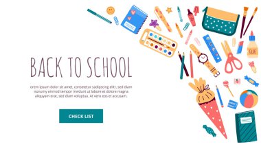 Okul kırtasiyesi nesneleri ile arka plan. Not: Cetvel, kalem, afiş için çanta. Okula geri dön. Boş alan ile izole vektör çizimi