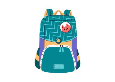 Okul çantası. Okula dönüş. Öğrenciler ve ilkokul öğrencileri için renkli karikatür çantası. Beyaz arka planda düz bir şekilde modern vektör çizimi..