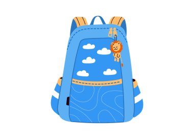 Okul çantası. Okula dönüş. Öğrenciler ve ilkokul öğrencileri için renkli karikatür çantası. Beyaz arka planda düz bir şekilde modern vektör çizimi..