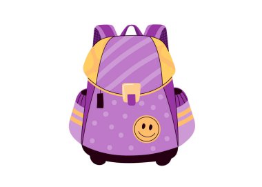 Okul çantası. Okula dönüş. Öğrenciler ve ilkokul öğrencileri için renkli karikatür çantası. Beyaz arka planda düz bir şekilde modern vektör çizimi..