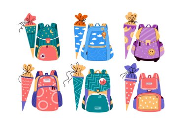 Öğrenciler için karikatür sırt çantası koleksiyonu, geleneksel Alman okulu ya da şeker konisi olan çocuklar. Okulun renkli setine geri dön. Beyaz arka planda düz stil vektör çizimi.