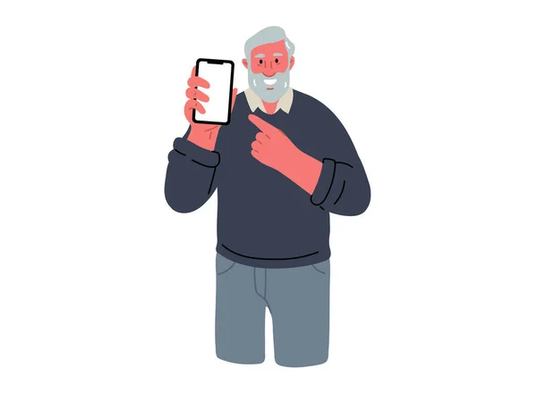 Uśmiechnięty Starszy Mężczyzna Trzyma Telefon Komórkowy Wskazuje Niego Palcem Starzy — Wektor stockowy