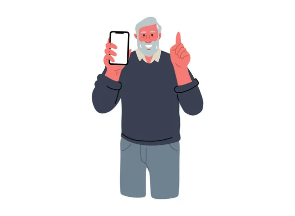 Uśmiechnięty Starszy Mężczyzna Trzyma Telefon Komórkowy Podnosi Palcę Wezwanie Uwagi — Wektor stockowy