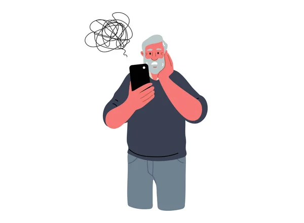 Zdezorientowany Senior Trzyma Telefon Komórkowy Problemy Starzy Ludzie Problemy Nowoczesną — Wektor stockowy