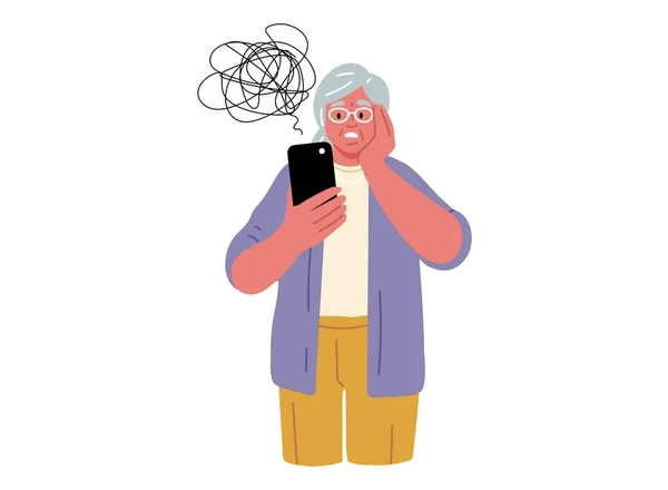 Zdezorientowana Seniorka Trzyma Telefon Komórkowy Problemy Starzy Ludzie Problemy Nowoczesną — Wektor stockowy