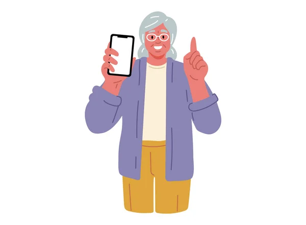 Usmívající Starší Žena Drží Mobilní Telefon Dát Nápovědu Staří Lidé — Stockový vektor