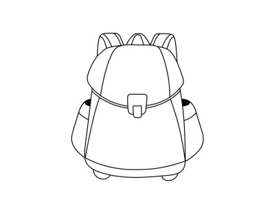 Okul çantası. Okula dönüyorum. Öğrenciler ve ilkokul öğrencileri için sırt çantası taşıyorum. Siyah-beyaz basit çizgi çizimi.