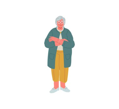 Beyaz arka planda tek başına duran mutlu yaşlı bayanın tam boy çizimi. Vektör illüstrasyonu