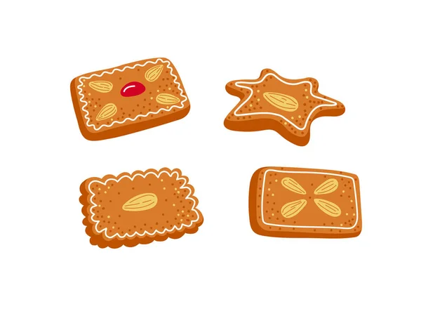 一组不同形状的矢量姜饼 白色背景上与杏仁坚果隔离 圣诞自制饼干 冬季假日糕点 — 图库矢量图片